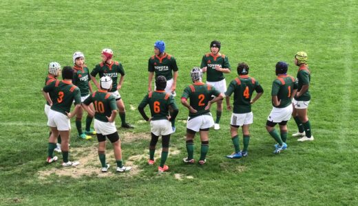 中学ラグビー　南信州JrRSⒶ（赤）VS　豊田RSⒶ（緑）