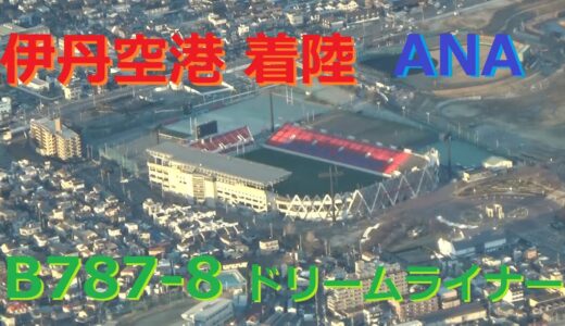 ドリームライナーで伊丹空港へ着陸　花園ラグビー場、花博記念公園をズーム　ANA B787-8 ITM-RW32L (ATC字幕)